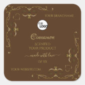 茶色のロゴの装飾金ゴールドスクロールのコーナー スクエアシール (正面)