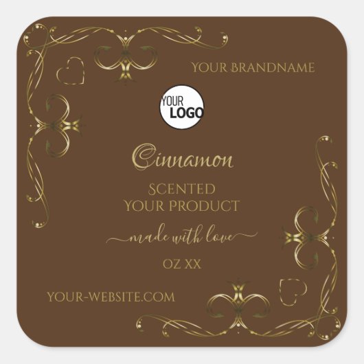 茶色のロゴの装飾金ゴールドスクロールのコーナー スクエアシール (正面)
