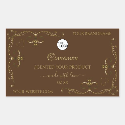 茶色のロゴの装飾金ゴールドスクロールのコーナー 長方形シール (正面)