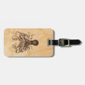 茶色のヴィンテージのタコのイラストレーション ラゲッジタグ (正面横)