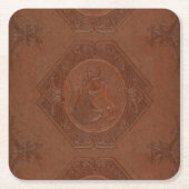 茶色のヴィンテージ革の額縁の馬頭 スクエアペーパーコースター (正面)