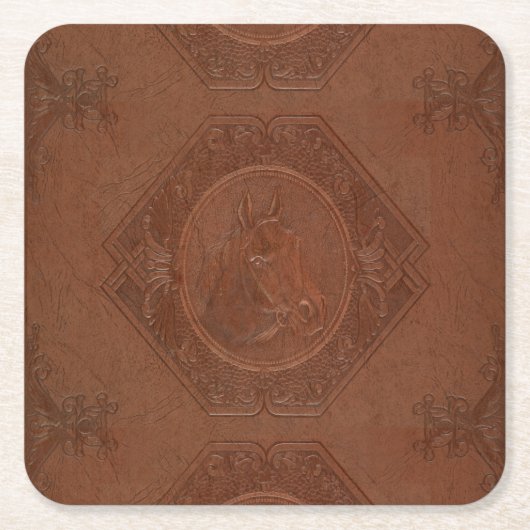 茶色のヴィンテージ革の額縁の馬頭 スクエアペーパーコースター (正面)