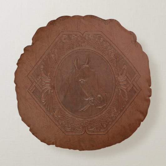 茶色のヴィンテージ革の額縁の馬頭 ラウンドクッション (正面)