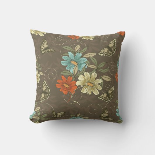 茶色の伝統的花蝶装飾用クッション クッション (正面)