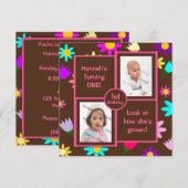 茶色の写真を使った最初の誕生日のカラフルなお花 招待状 (正面/裏面)