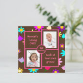 茶色の写真を使った最初の誕生日のカラフルなお花 招待状 (スタンド正面)