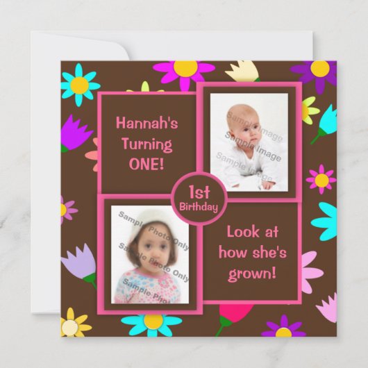 茶色の写真を使った最初の誕生日のカラフルなお花 招待状 (正面)