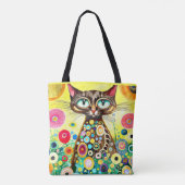 茶色の大きな目の猫のユニークなイラスト トートバッグ (裏面)
