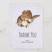 茶色の女性のカーボーイハットとピンクの花ありがとう サンキューカード (正面/裏面)