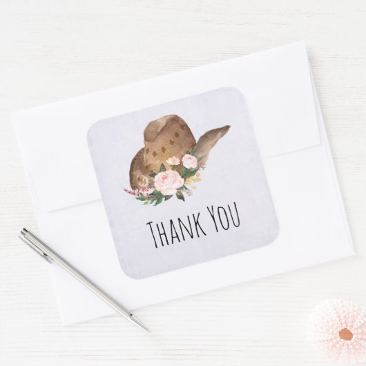 茶色の女性のカーボーイハットとピンクの花ありがとう スクエアシール (封筒)