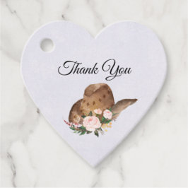 茶色の女性のカーボーイハットとピンクの花ありがとう フェイバータグ