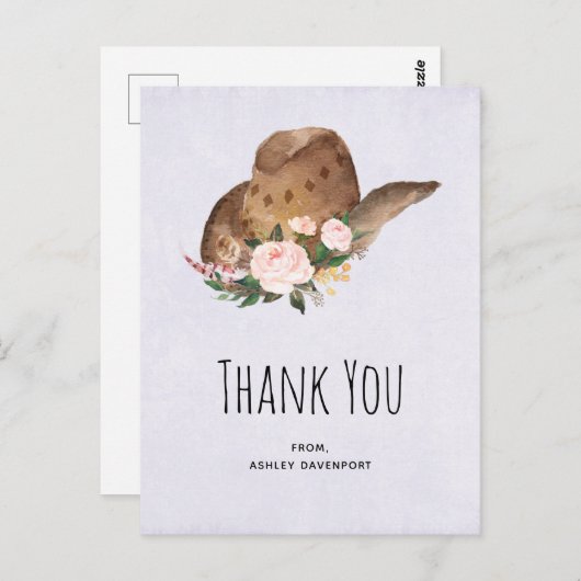 茶色の女性のカーボーイハットとピンクの花ありがとう ポストカード (正面/裏面)