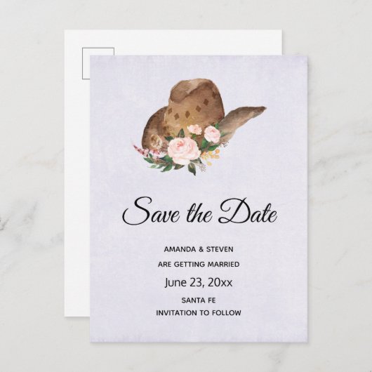 茶色の女性のカーボーイハットとピンクの花が日付を保存 インビテーションポストカード (正面/裏面)