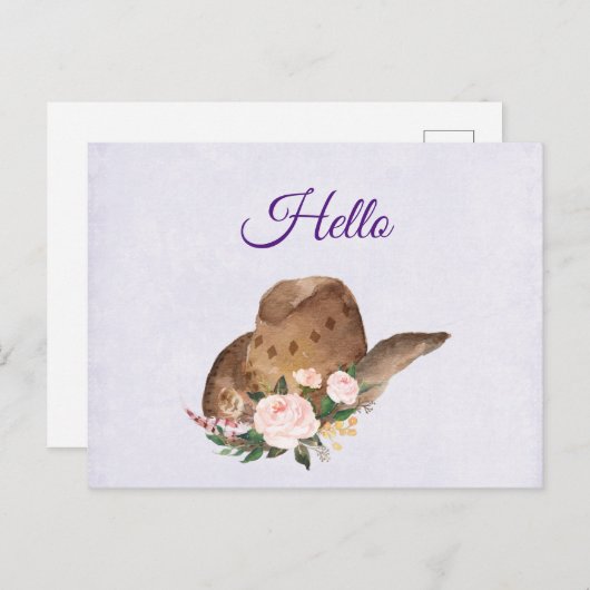 茶色の女性のカーボーイハットとピンクの花こんにちは ポストカード (正面/裏面)