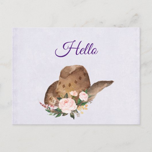茶色の女性のカーボーイハットとピンクの花こんにちは ポストカード (正面)