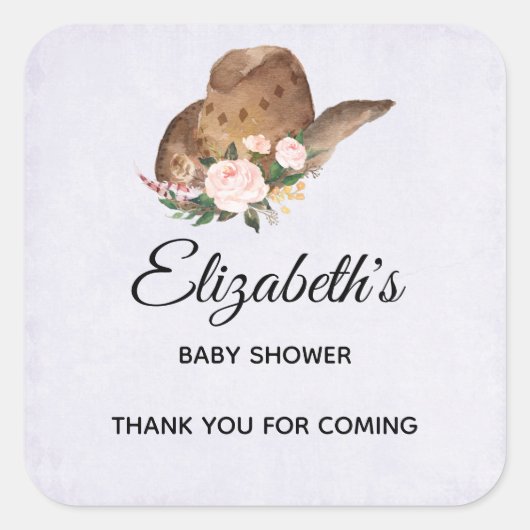茶色の女性のカーボーイハットとピンクの花パーティー スクエアシール (正面)