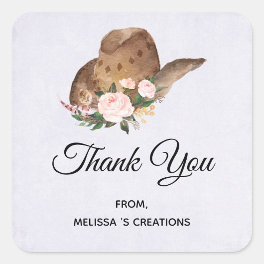 茶色の女性のカーボーイハットとピンクの花ビジネス スクエアシール (正面)