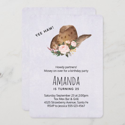 茶色の女性のカーボーイハットとピンクの花誕生日 招待状 (正面/裏面)