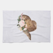 茶色の女性のカーボーイハットとピンクの花 キッチンタオル (横)