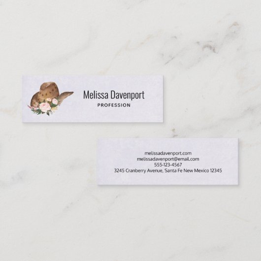 茶色の女性のカーボーイハットとピンクの花 スキニー名刺 (正面/裏面)