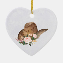 茶色の女性のカーボーイハットとピンクの花 セラミックオーナメント