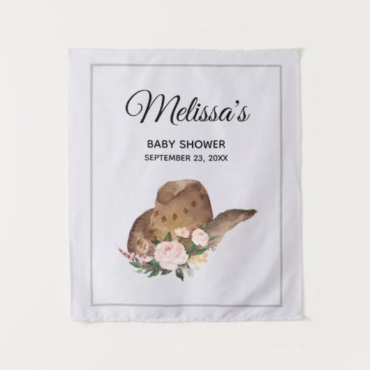 茶色の女性のカーボーイハットとピンクの花 タペストリー (正面)