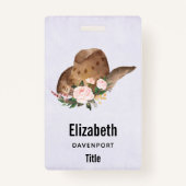 茶色の女性のカーボーイハットとピンクの花 バッジ (正面)