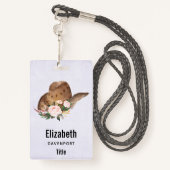 茶色の女性のカーボーイハットとピンクの花 バッジ (裏面ランヤード)