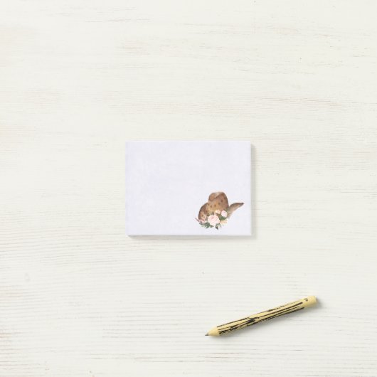 茶色の女性のカーボーイハットとピンクの花 ポストイット (デスク上)