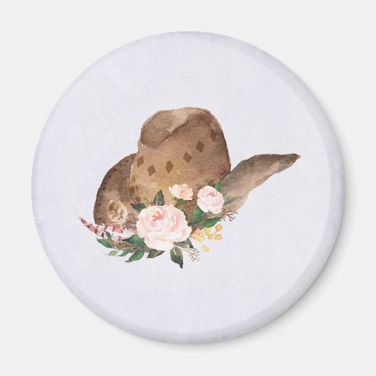 茶色の女性のカーボーイハットとピンクの花 マグネット (正面)
