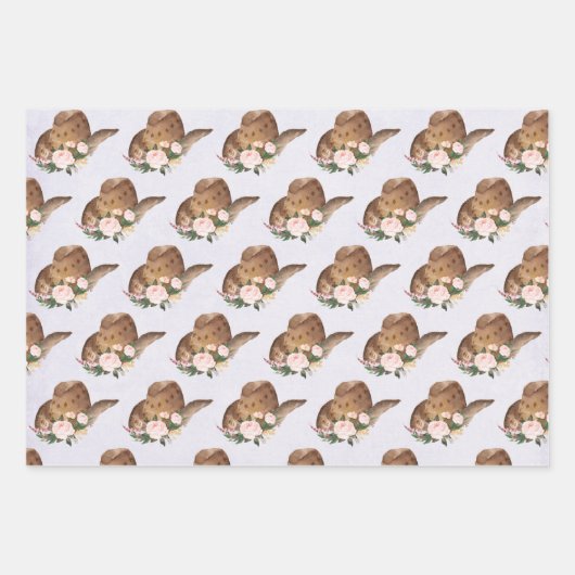 茶色の女性のカーボーイハットとピンクの花 ラッピングペーパーシート (正面2)