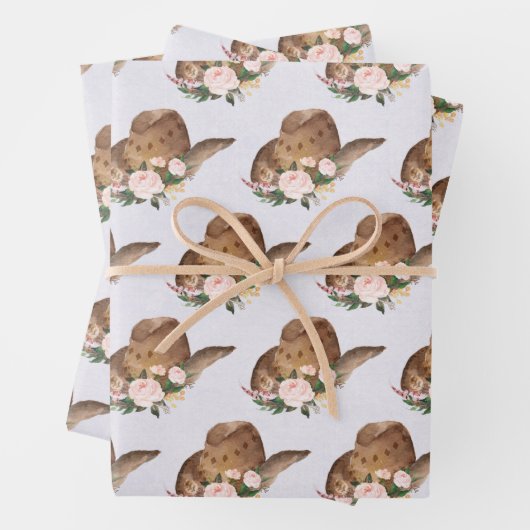 茶色の女性のカーボーイハットとピンクの花 ラッピングペーパーシート (インサイチュ)