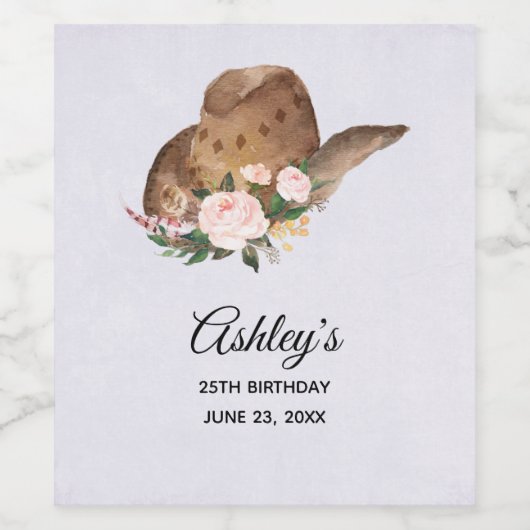 茶色の女性のカーボーイハットとピンクの花 ワインラベル (シングルラベル)