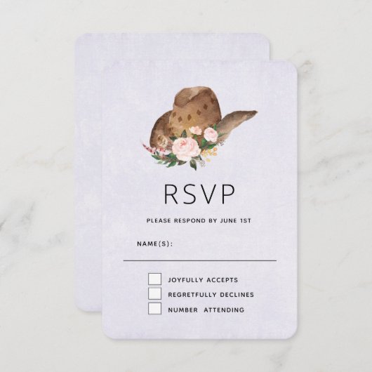 茶色の女性のカーボーイハットとピンクの花 出欠カード (正面/裏面)