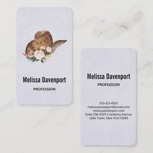 茶色の女性のカーボーイハットとピンクの花 名刺 (正面/裏面)