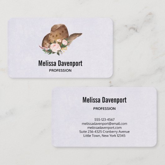 茶色の女性のカーボーイハットとピンクの花 名刺 (正面/裏面)