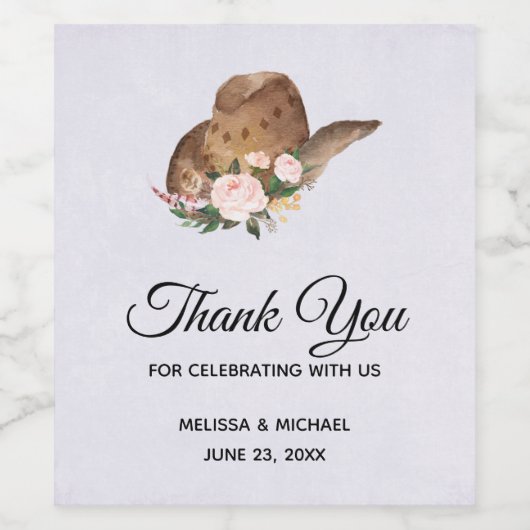 茶色の女性のカーボーイハット(ピンクの花結婚付き) ワインラベル (シングルラベル)