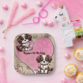 茶色の子犬のピンクの足とハートの誕生日パーティー ペーパープレート (パーティー)