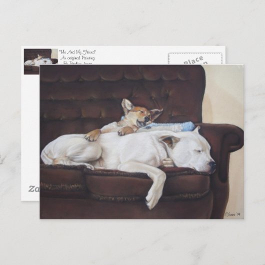 茶色の子犬の白いアメリカのブルドッグ現実主義芸術 ポストカード (正面/裏面)