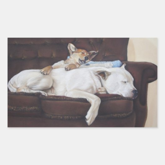 茶色の子犬の白いアメリカのブルドッグ現実主義芸術 長方形シール (正面)