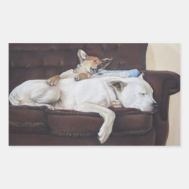 茶色の子犬の白いアメリカのブルドッグ現実主義芸術 長方形シール