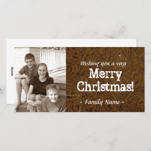 茶色の工具付きレザーフォトクリスマスカード シーズンカード (正面/裏面)