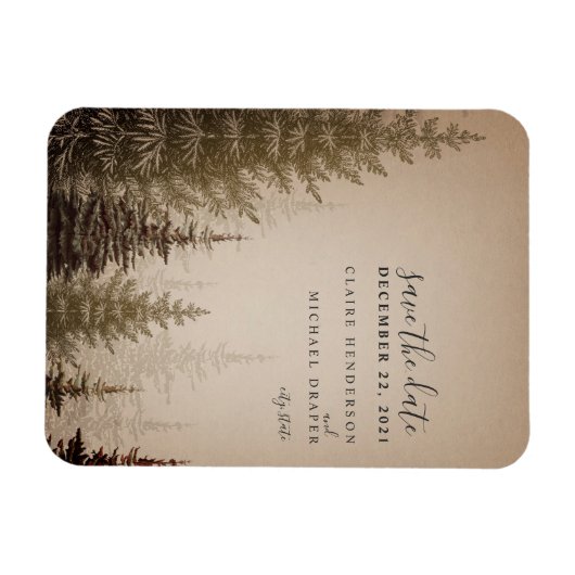 茶色の常緑樹の結婚式の日付を保存 マグネット (横)