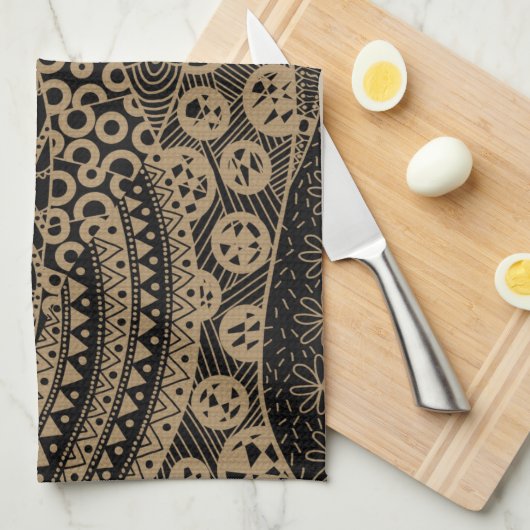 茶色の幾何エレガント抽象芸術の部族パターン | キッチンタオル (四つ折り)