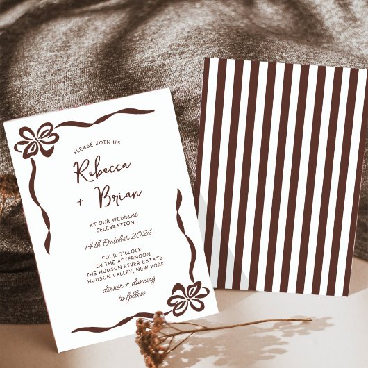 茶色の手描きリボンのスケッチ結婚の 招待状