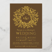 茶色の手描き葉モノグラム金ゴールド結婚ズ 箔招待状 (正面)