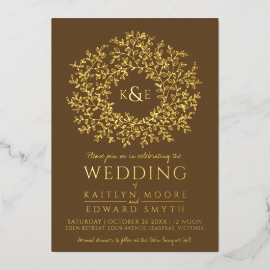 茶色の手描き葉モノグラム金ゴールド結婚ズ 箔招待状 (正面)