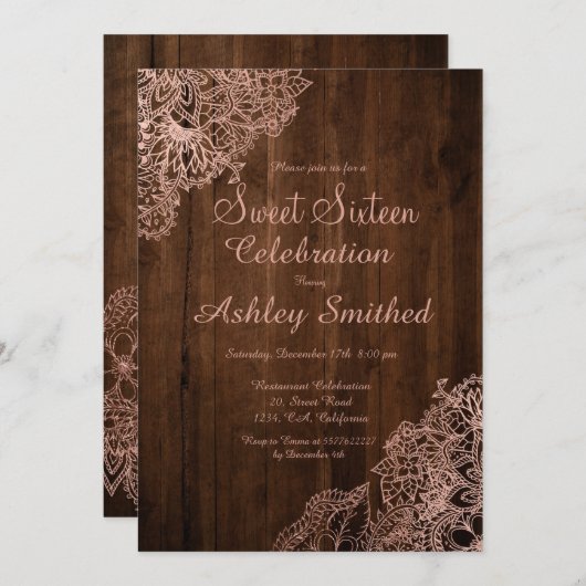茶色の木のチッ素朴クバラ金ゴールドフローラスイート16 招待状 (正面/裏面)