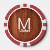 茶色の木のテクスチャラインにモノグラム文字の名前を追加 ポーカーチップ (正面)