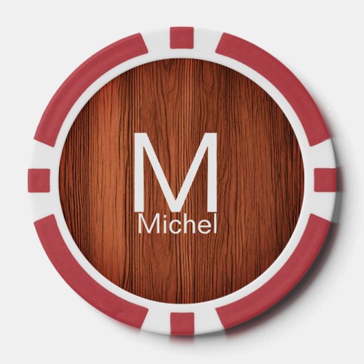 茶色の木のテクスチャラインにモノグラム文字の名前を追加 ポーカーチップ (正面)